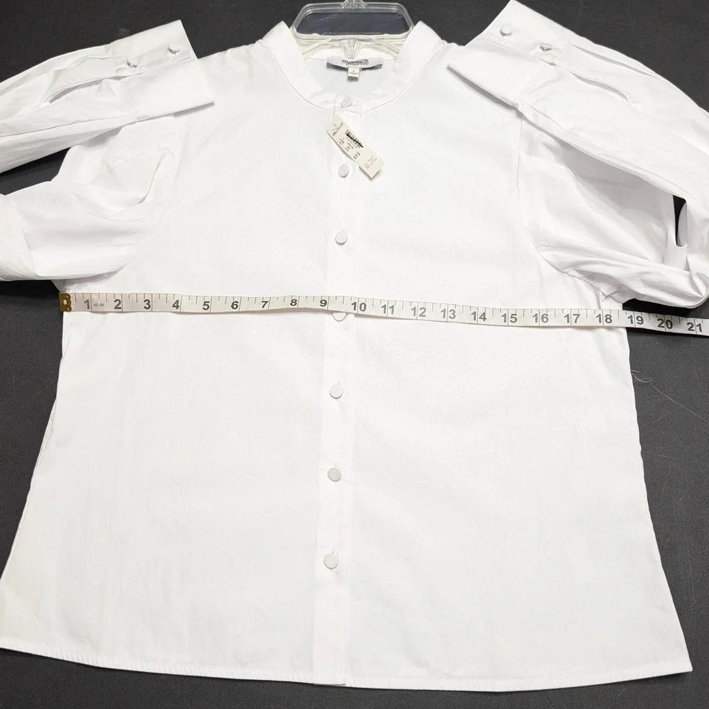 Madewell Puff Sleeve Button Down Band Collar Shirt White Cotton Poplin Blouse S - Picture 8 of 13